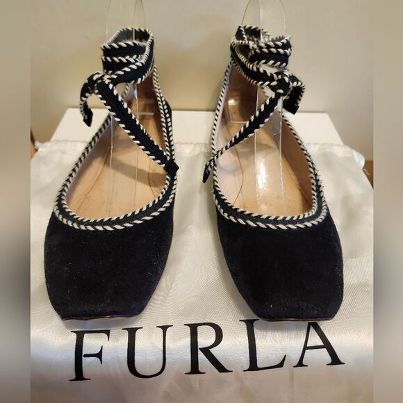 Furla "Bouganville" Blak Suede Laceup Ballet Flats Sz.7.5/38.5 Ret$295 w/Dustbag - Picture 5 of 16